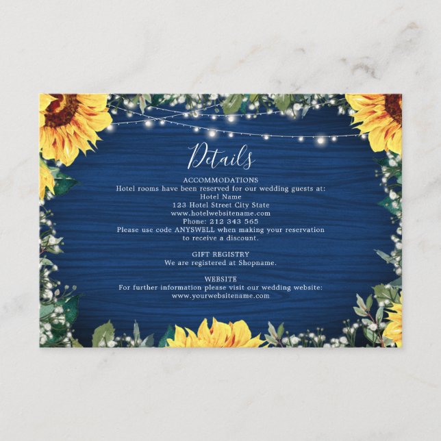 Sunflower Navy Babys Breath Lights Wedding Details Enclosure Card (Front)