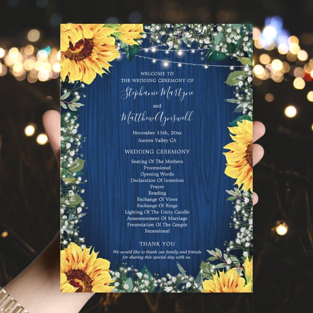 Sunflower Navy Babys Breath Lights Wedding Program (Creator Uploaded)