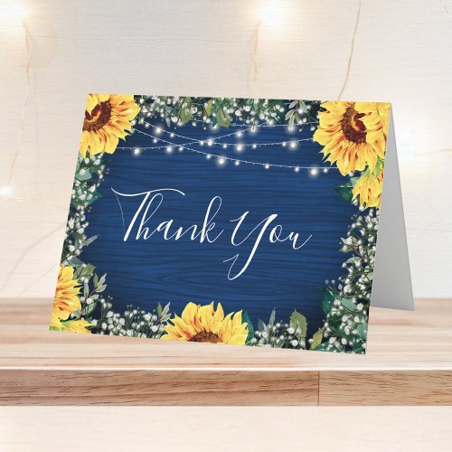 Sunflower Navy Babys Breath Lights Wedding Thank You Card