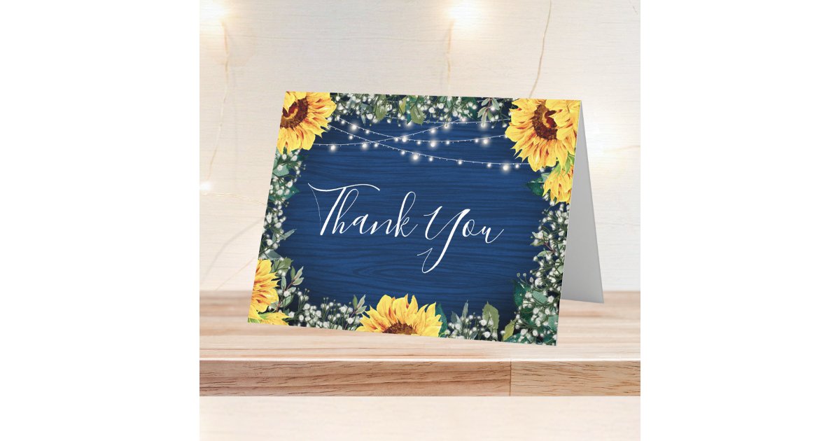Sunflower Navy Babys Breath Lights Wedding Thank You Card | Zazzle