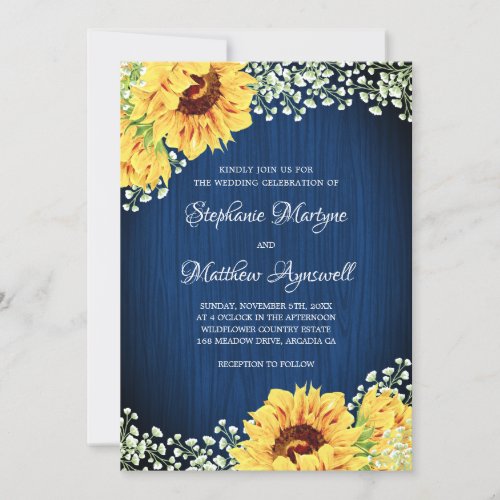 Sunflower Navy Blue Babys Breath Wedding Invitation