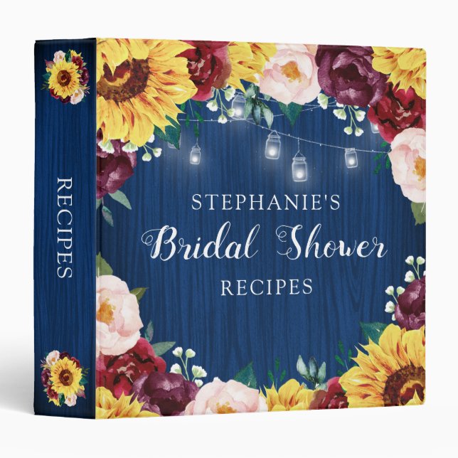 Sunflower Navy Blue Bridal Shower Recipe 3 Ring Binder (Front/Spine)