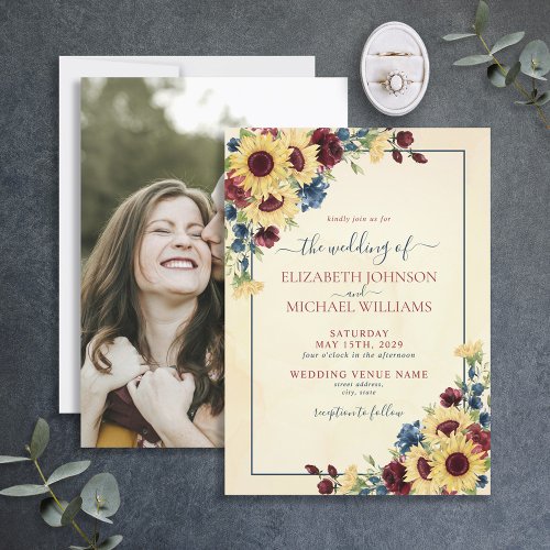 Sunflower Navy Blue Burgundy Floral Photo Wedding Invitation