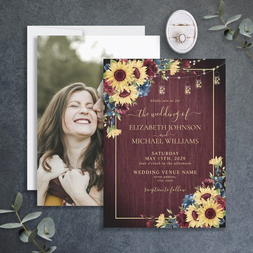 Sunflower Navy Blue Burgundy Floral Wood Photo Invitation