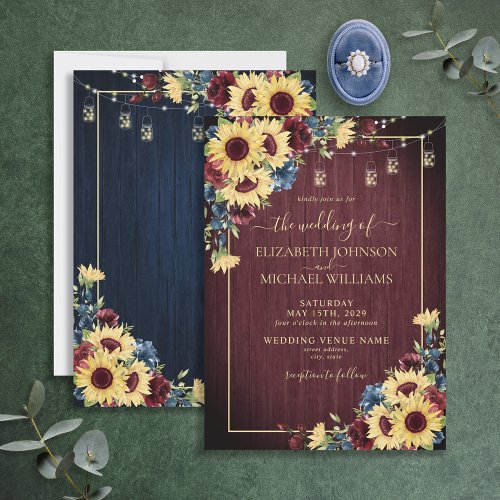 Sunflower Navy Blue Burgundy Floral Wood Wedding Invitation