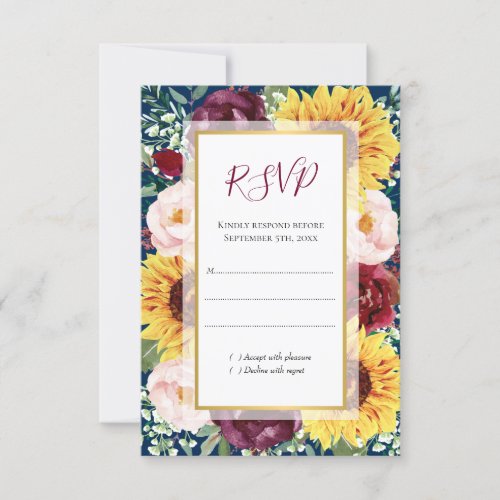 Sunflower Navy Blue Burgundy Gold Floral Wedding RSVP Card