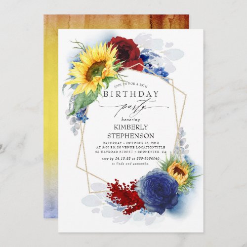 Sunflower Navy Blue Burgundy Red Birthday Party Invitation