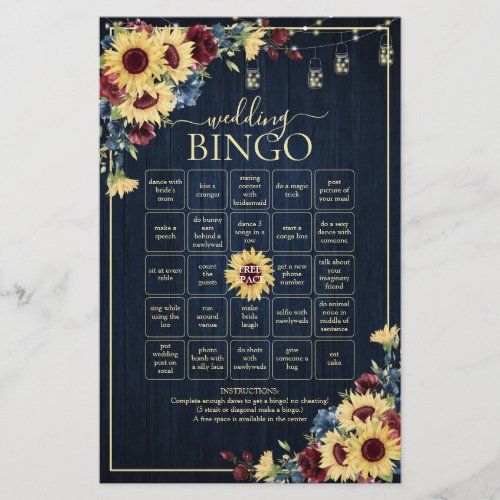 Sunflower Navy Blue Burgundy Wedding Bingo Game