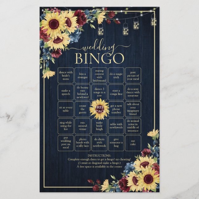 Sunflower Navy Blue Burgundy Wedding Bingo Game (Front)