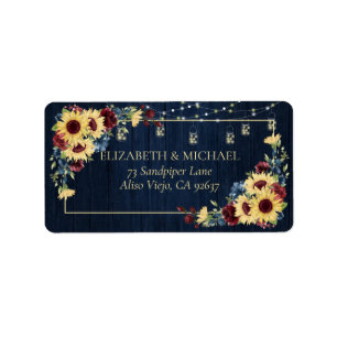 Sunflower Navy Blue Burgundy Wood Floral Address Label