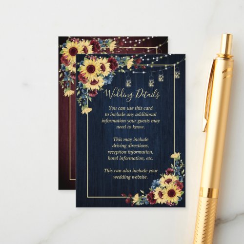 Sunflower Navy Blue Burgundy Wood Floral Details Enclosure Card