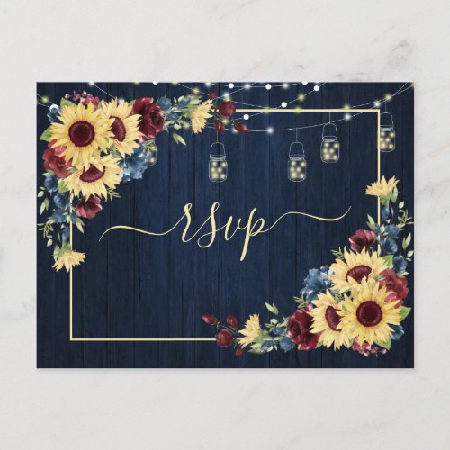 Sunflower Navy Blue Burgundy Wood Floral Menu Invitation Postcard