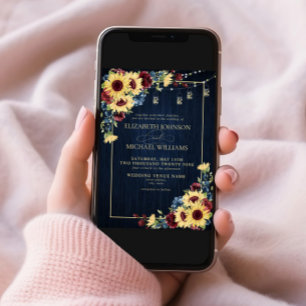Sunflower Navy Blue Burgundy Wood Floral Photo Invitation