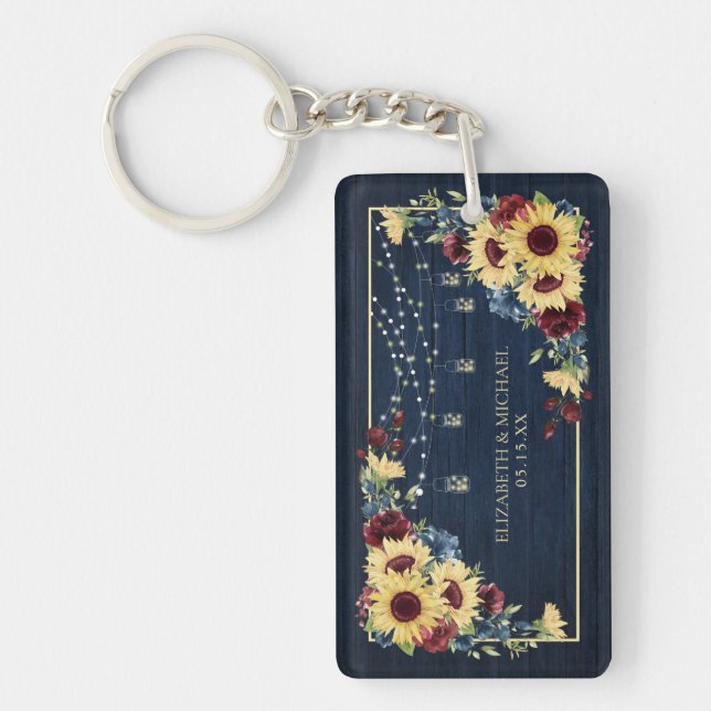 Sunflower Navy Blue Burgundy Wood Floral Photo Keychain (Front)