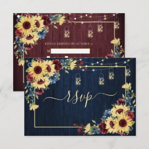 Sunflower Navy Blue Burgundy Wood Floral RSVP Card