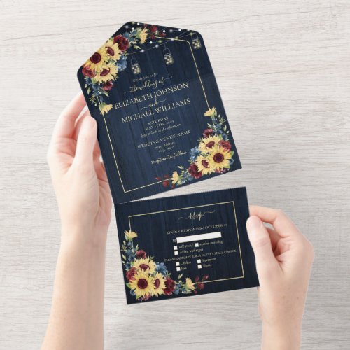 Sunflower Navy Blue Burgundy Wood Floral Wedding All In One Invitation
