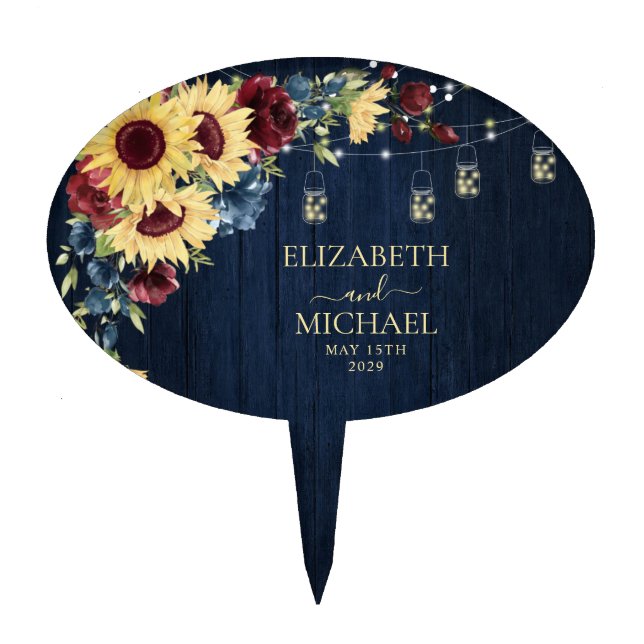 Sunflower Navy Blue Burgundy Wood Floral Wedding Cake Topper (Front)
