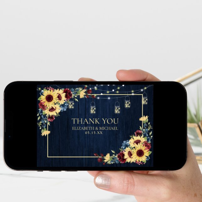 Sunflower Navy Blue Burgundy Wood Floral Wedding Card (Front Digital)