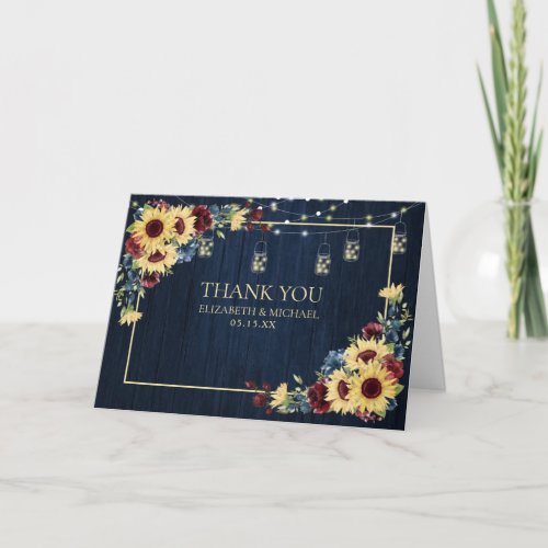 Sunflower Navy Blue Burgundy Wood Floral Wedding Card