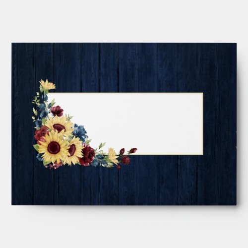Sunflower Navy Blue Burgundy Wood Floral Wedding Envelope