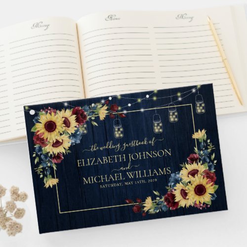 Sunflower Navy Blue Burgundy Wood Floral Wedding Guest Book