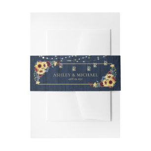 Sunflower Navy Blue Burgundy Wood Floral Wedding Invitation Belly Band
