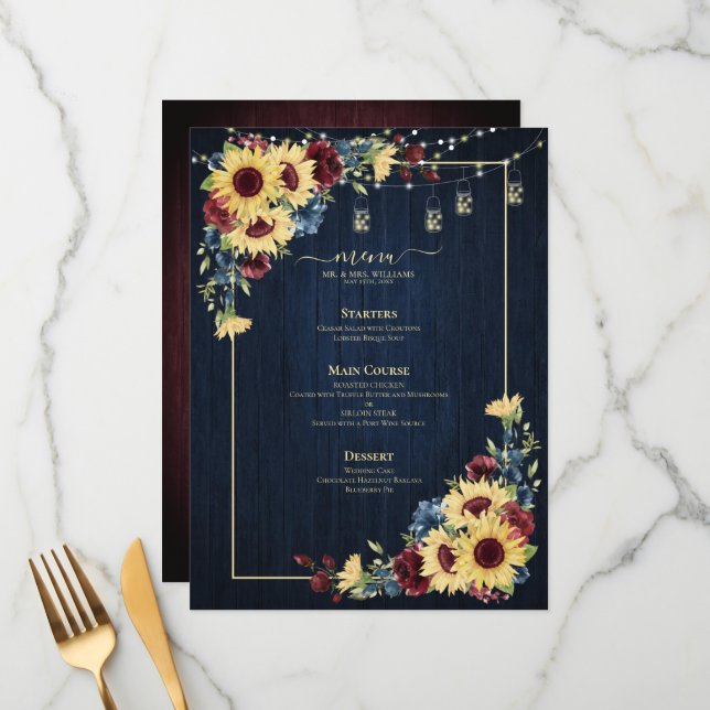 Sunflower Navy Blue Burgundy Wood Floral Wedding Menu (Front/Back In Situ)