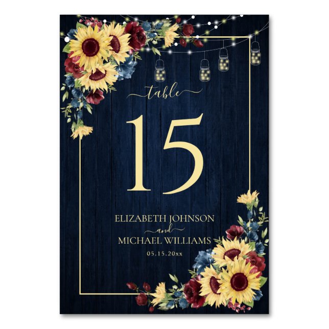 Sunflower Navy Blue Burgundy Wood Floral Wedding Table Number (Front)