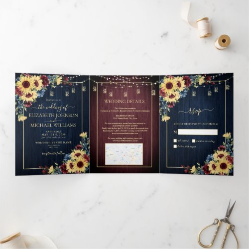 Sunflower Navy Blue Burgundy Wood Floral Wedding Tri_Fold Invitation