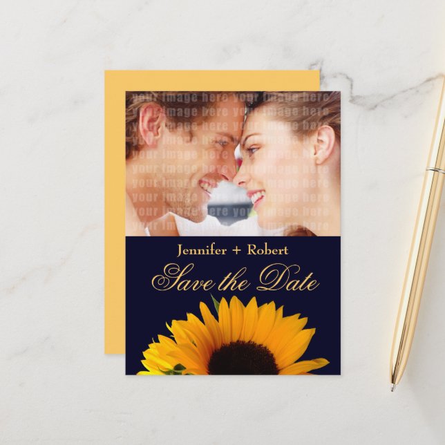 Sunflower Navy Blue Custom Photo Save the Date Announcement Postcard (Front/Back In Situ)