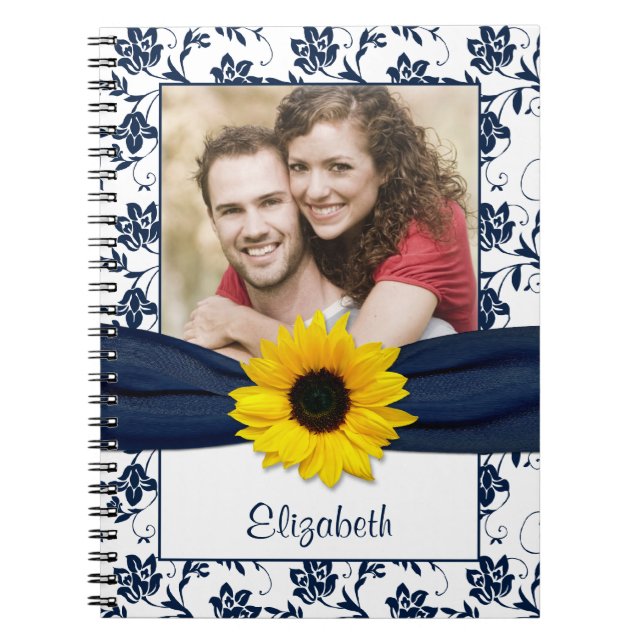 Sunflower Navy Blue Damask Personalized Notebook (Front)