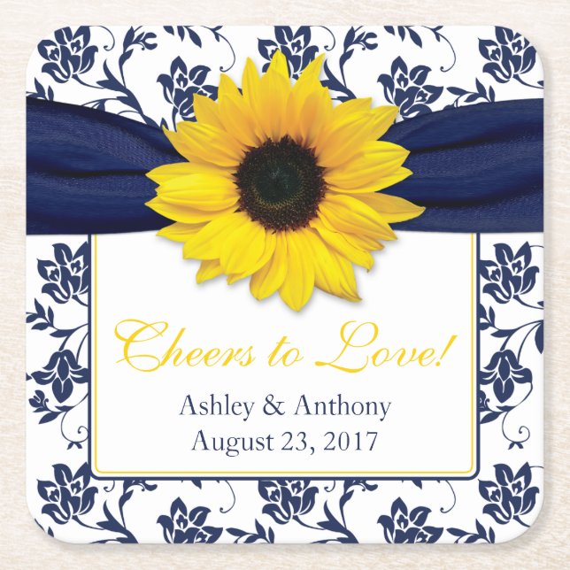 Sunflower Navy Blue Damask Personalized Wedding Square Paper Coaster (Front)
