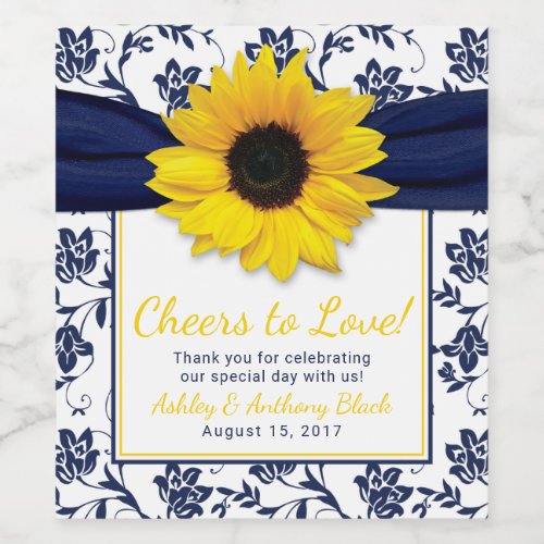 Sunflower Navy Blue Floral Cheers to Love Wedding Wine Label