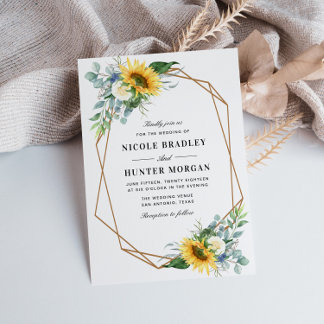 sunflower navy blue floral geometric wedding invitation