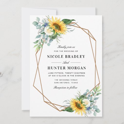 sunflower navy blue floral geometric wedding invitation | Zazzle