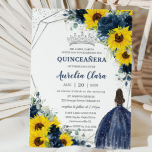 Sunflower Navy Blue Floral Princess Quinceañera Invitation