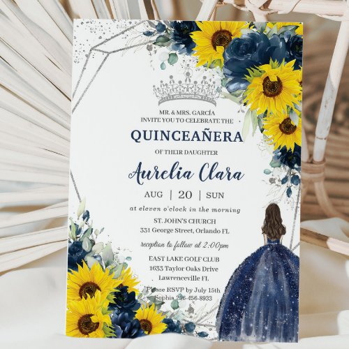 Sunflower Navy Blue Floral Princess Quinceaera Invitation