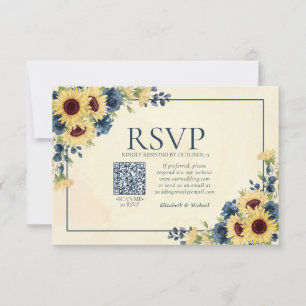 Sunflower Navy Blue Floral QR Code Wedding RSVP Card