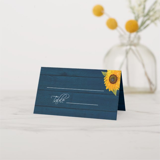 Sunflower Navy Blue Floral Rustic Wedding Table Place Card (Front)