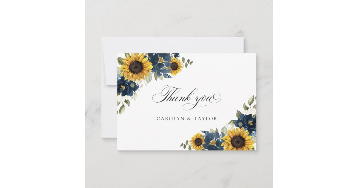 Sunflower Navy Blue Floral Rustic Wedding Thank You Card | Zazzle