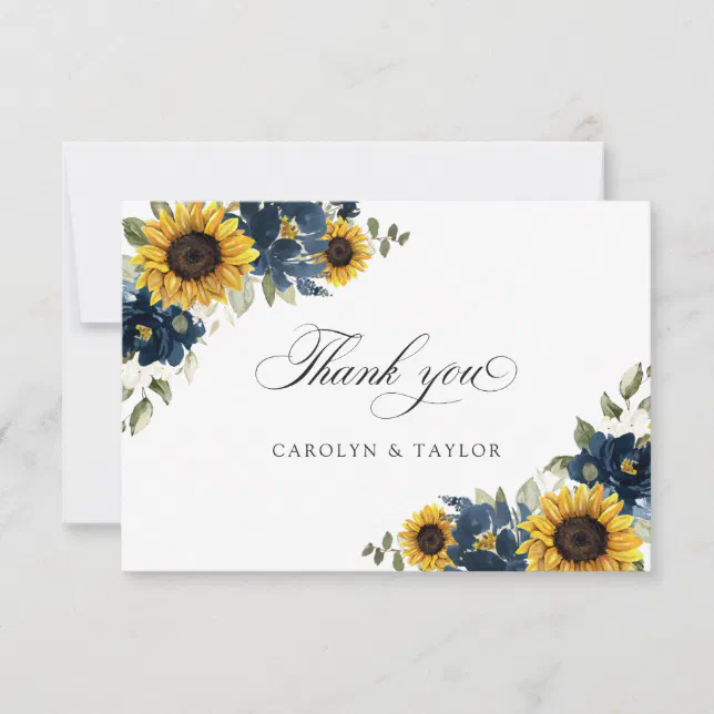 Sunflower Navy Blue Floral Rustic Wedding Thank You Card | Zazzle
