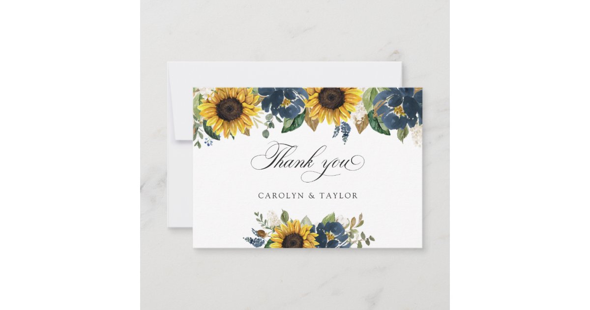 Sunflower Navy Blue Floral Rustic Wedding Thank You Card | Zazzle