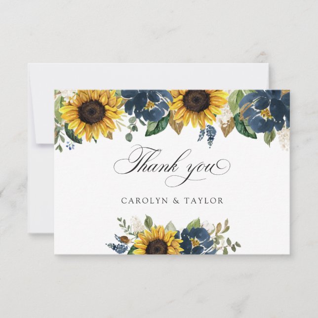 Sunflower Navy Blue Floral Rustic Wedding Thank You Card (Front)