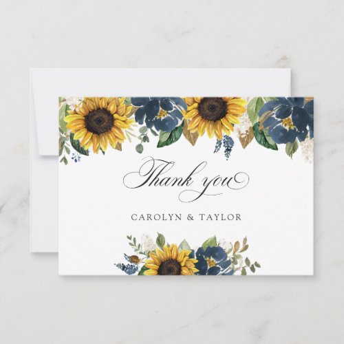 Sunflower Navy Blue Floral Rustic Wedding Thank You Card
