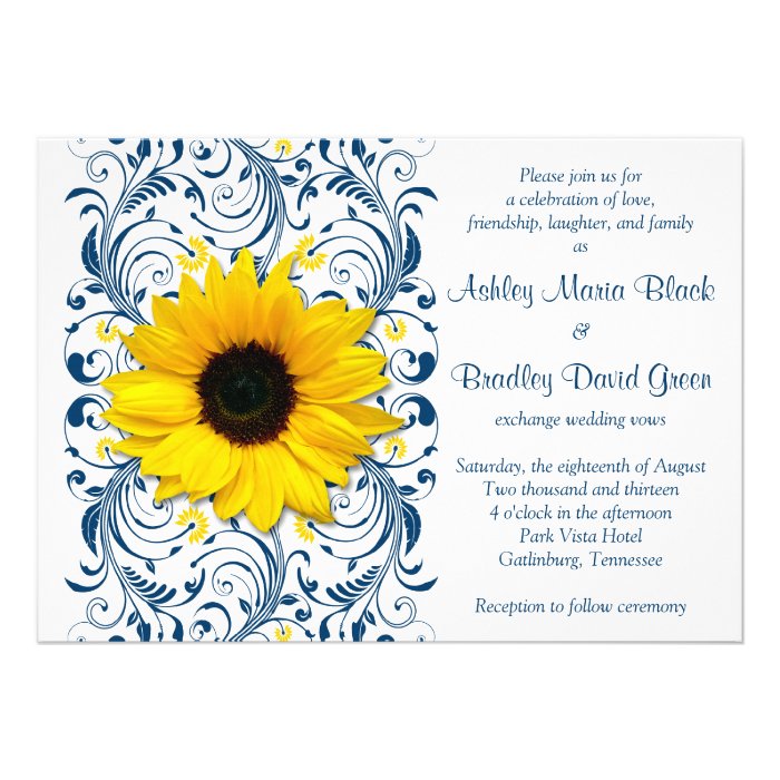 Sunflower Navy Blue Floral Wedding Invitation