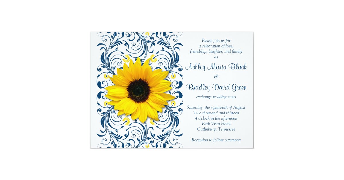 Sunflower Navy Blue Floral Wedding Invitation Zazzle