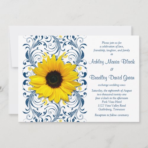 Sunflower Navy Blue Floral Wedding Invitation