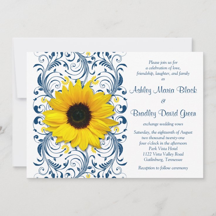 Sunflower Navy Blue Floral Wedding Invitation | Zazzle