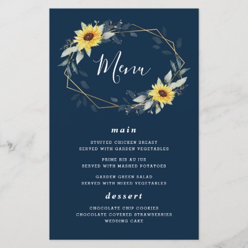 Sunflower Navy Blue Geometric Wedding Menu Cards