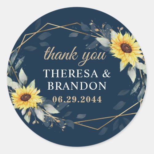 Sunflower  Navy Blue Geometric Wedding Thank You Classic Round Sticker